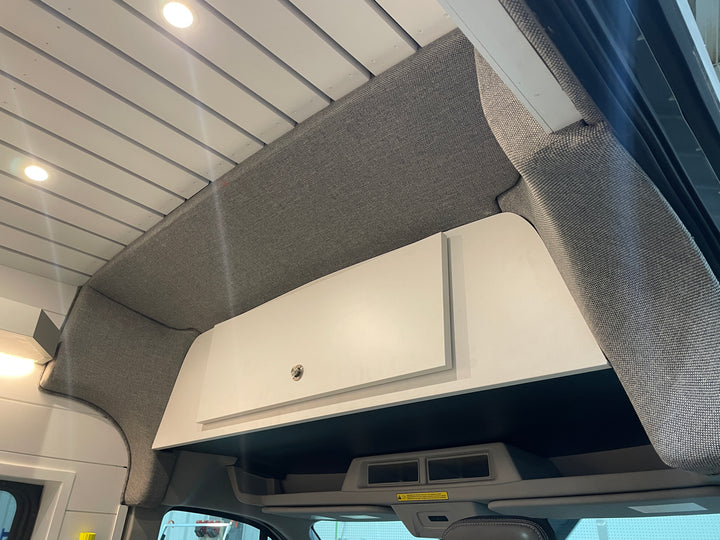 Installed upholstered Transit bulkhead and blob covers
