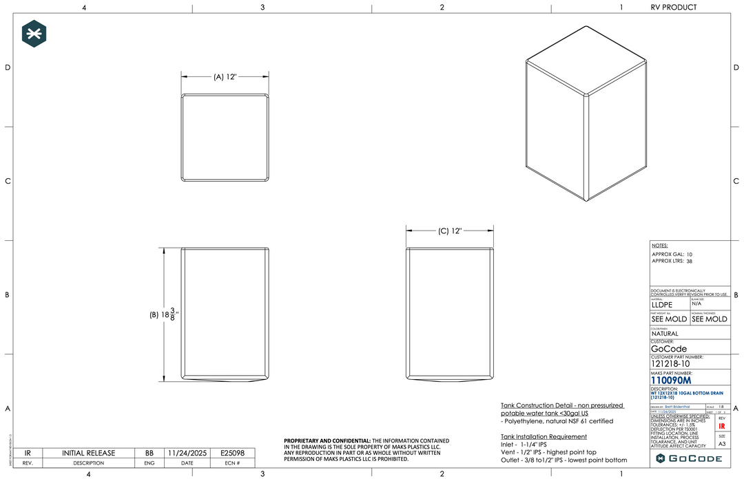 10-Gallon Galley Water Tank (Fresh/Grey)
