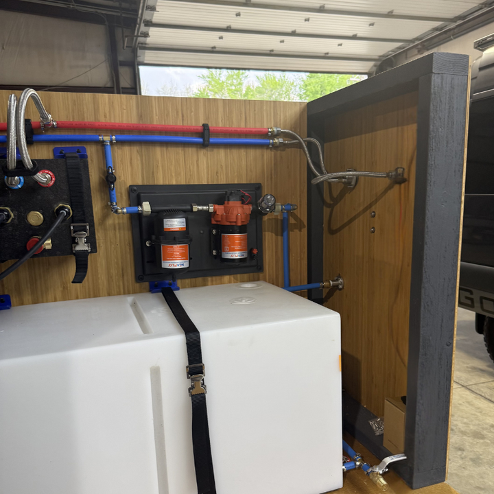 RV water system with hoses and tanks 