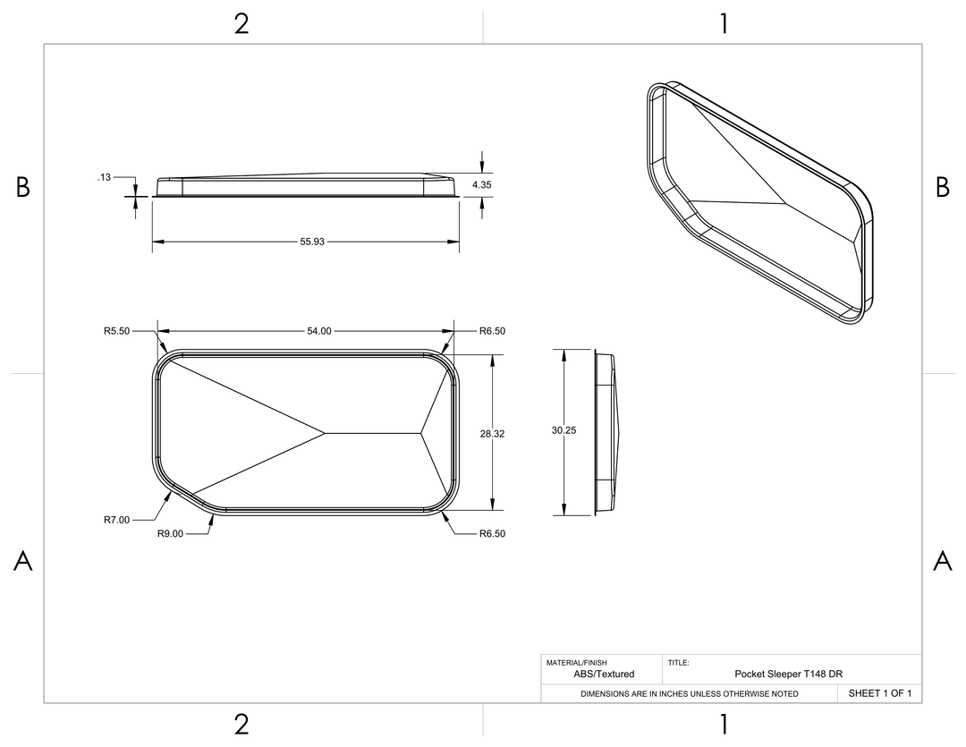 Pocket Sleeper T148 DRIVER dimensional drawing – ABS textured, 54" x 55.93"