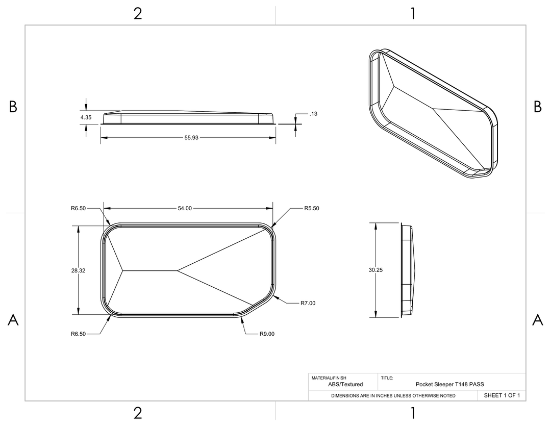 Pocket Sleeper T148 PASS dimensional drawing – ABS textured, 54" x 55.93"