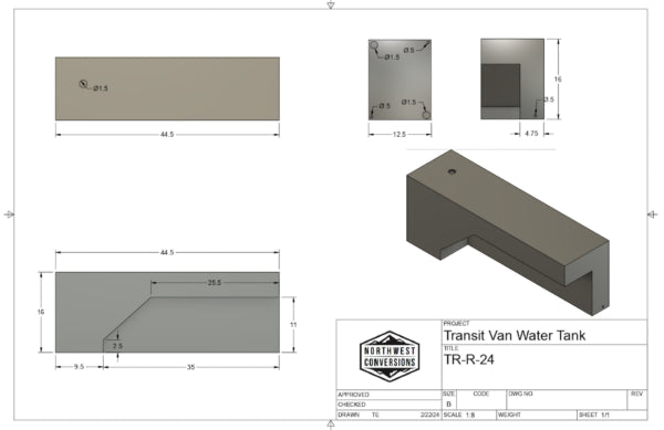 ford transit wheel well water tank dimensions